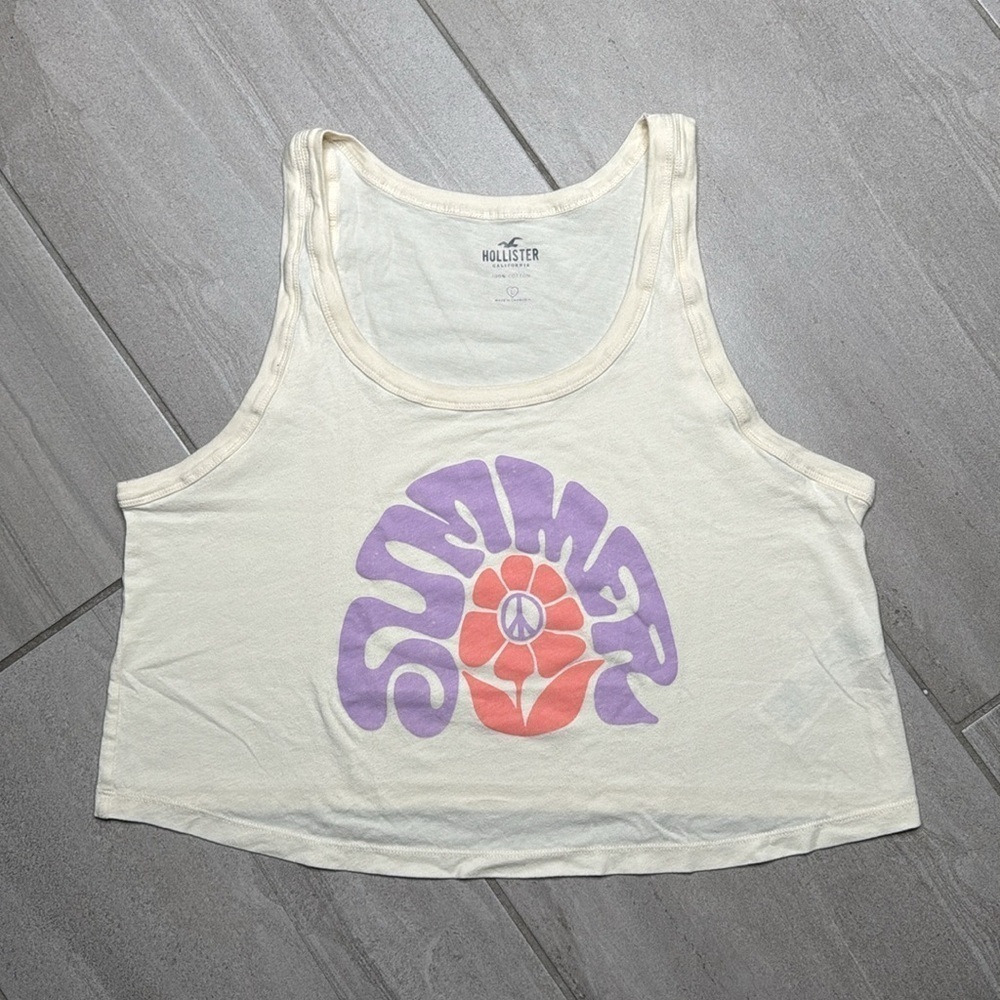 Hollister Cream Tank Top with Purple Graphic Crop